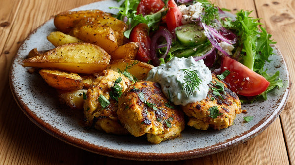 A Plate Of Chicken Potatoes And Salad With Tzatziki Sauce On A Wooden Table — Stock Photo