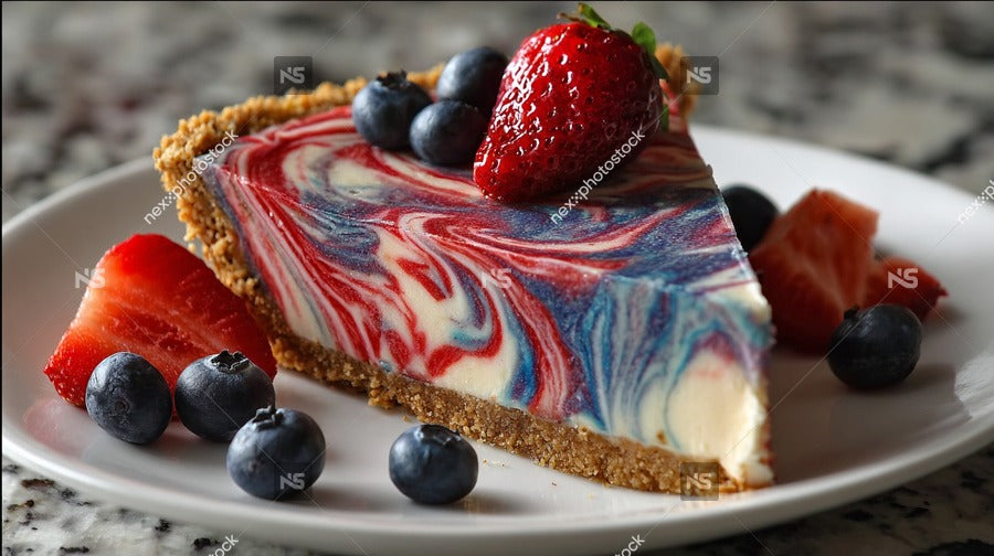 A Slice Of Cake With Blueberries On A White Plate Placed On A Marble Countertop — Stock Photo
