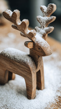 Wooden Reindeer Figurine With Snow On Its Antlers And Body Set Against A White Background — Stock Photo