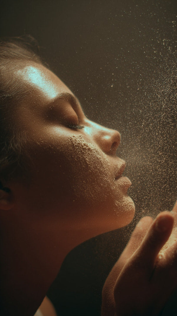 A Close Up Portrait Of A Woman With Powder On Her Face Captured From A Top Down Angle Against A Dark Background — Stock Photo