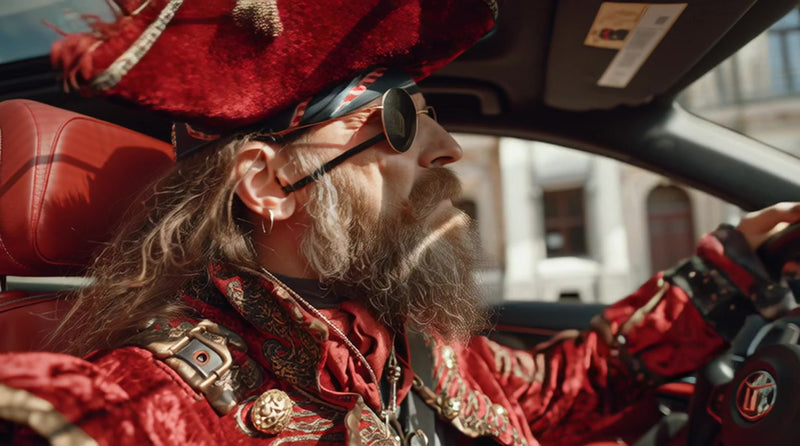 a man dressed as a pirate is seated inside a car wearing sunglasses and driving on a street - Stock Video