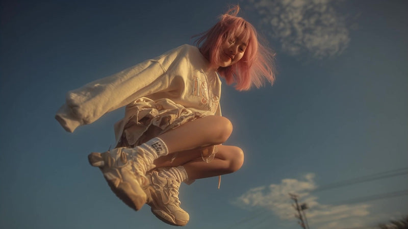 a young woman with pink hair is captured mid jump suspended in the air against a clear blue sky background - Stock Video