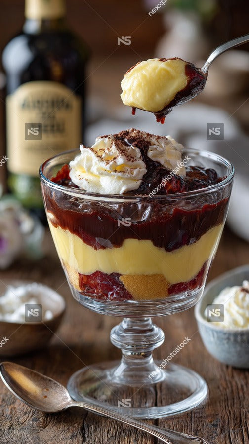 A Glass Bowl Filled With Dessert Topped With Whipped Cream And A Drizzle Of Caramel Sauce Sits On A Wooden Table — Stock Photo
