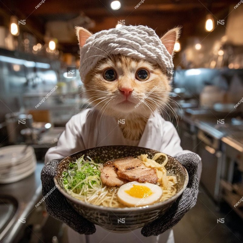 A Cat Dressed As A Chef Is Holding A Bowl Of Ramen With A Plate Of Sushi And An Egg On Top — Stock Photo