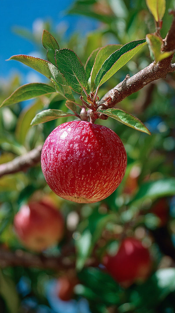 A Close Up Of A Single Red Apple Hanging From An Apple Tree Branch Against A Blue Sky Background — Stock Photo