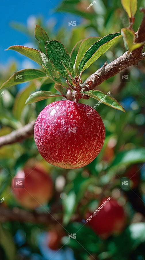 A Close Up Of A Single Red Apple Hanging From An Apple Tree Branch Against A Blue Sky Background — Stock Photo
