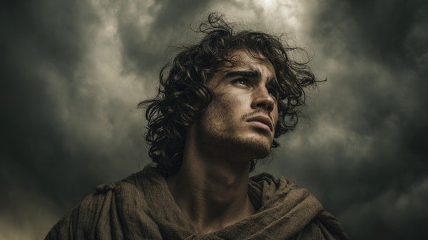 A Man With Long Hair And A Beard Dressed In A Tattered Brown Garment Stands Against A Cloudy Sky — Stock Photo