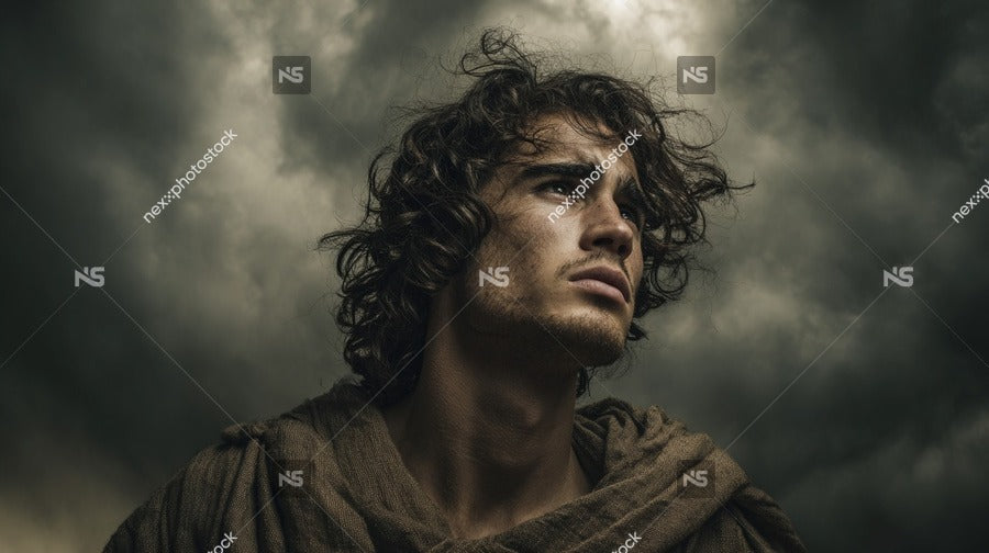 A Man With Long Hair And A Beard Dressed In A Tattered Brown Garment Stands Against A Cloudy Sky — Stock Photo