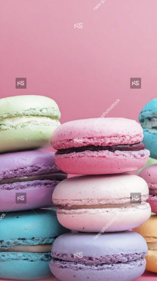 Displays A Collection Of Colorful Macarons Stacked In A Pile Against A Pink Background — Stock Photo