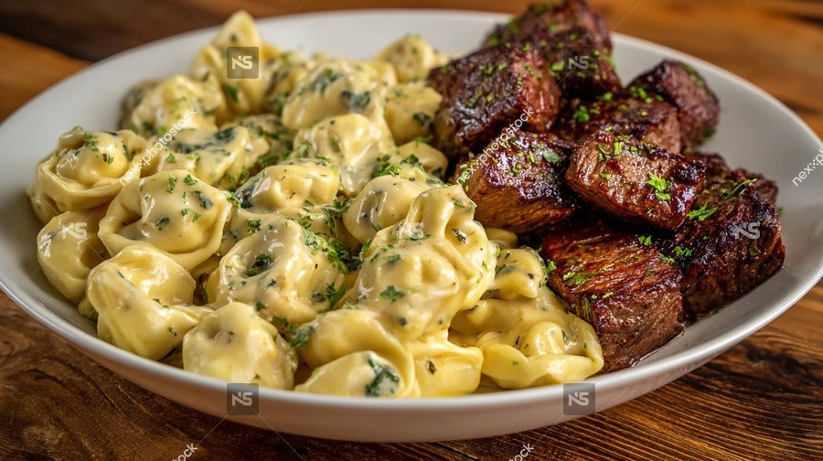 A White Plate Of Pasta With Meatballs And Alfredo Sauce Accompanied By Grilled Steak On A Wooden Table — Stock Photo