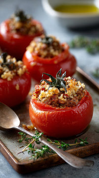 A Tray Of Stuffed Tomatoes Topped With Cheese And Herbs Placed On A Wooden Surface — Stock Photo