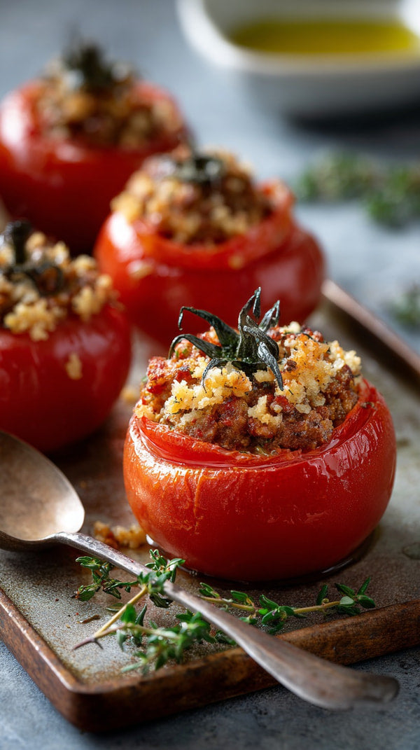 A Tray Of Stuffed Tomatoes Topped With Cheese And Herbs Placed On A Wooden Surface — Stock Photo