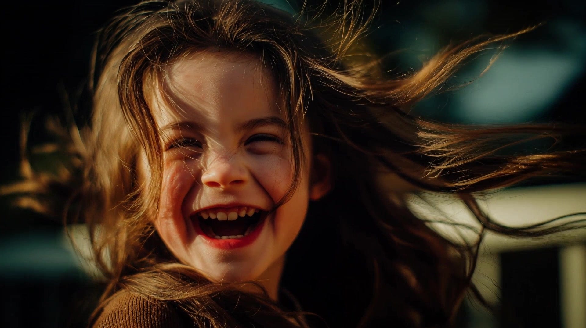 young girl with wind blowing through her hair smiling and looking to the side - Stock Video