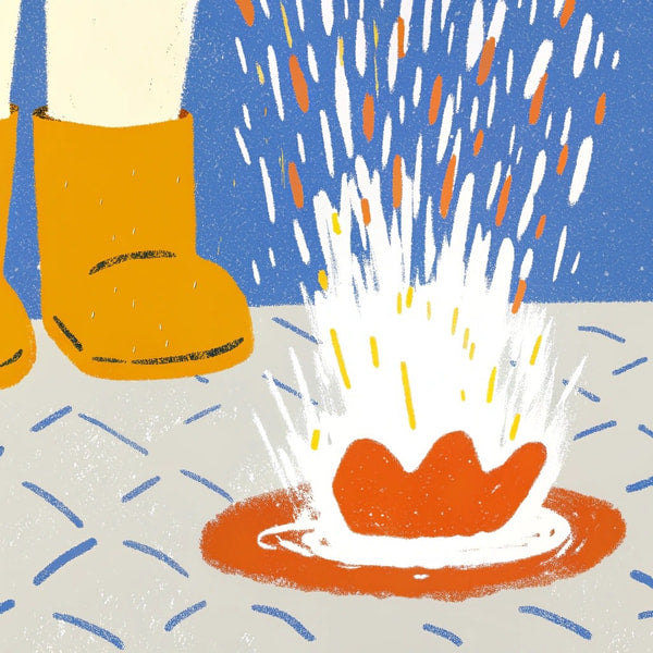 Rainy Day Mishap A Person In Boots Stands Over A Geyser Of Water And Mud With Raindrops Falling From Above — Stock Illustration