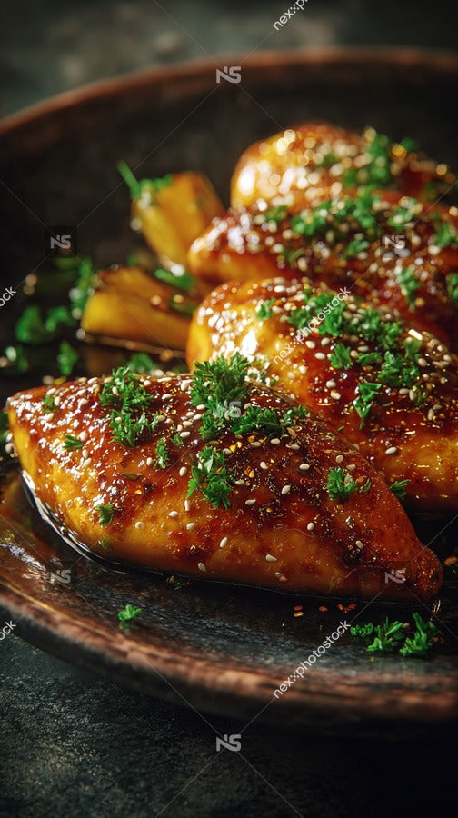 Close Up Of A Plate Of Chicken Wings With Sauce And Garnish On A Dark Background — Stock Photo