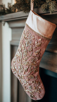 A Festive Christmas Stocking With A Floral Design And Gold Sequin Trim Hanging On A Mantelpiece By A Fireplace — Stock Photo