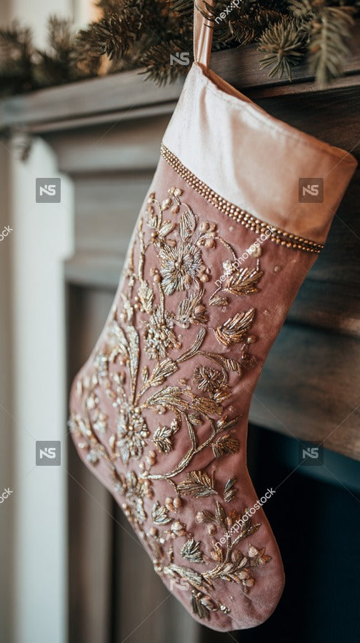 A Festive Christmas Stocking With A Floral Design And Gold Sequin Trim Hanging On A Mantelpiece By A Fireplace — Stock Photo