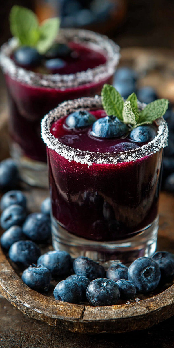 Blueberry Margarita Shots In Glasses Garnished With Mint Leaves And Blueberries On A Wooden Tray — Stock Photo