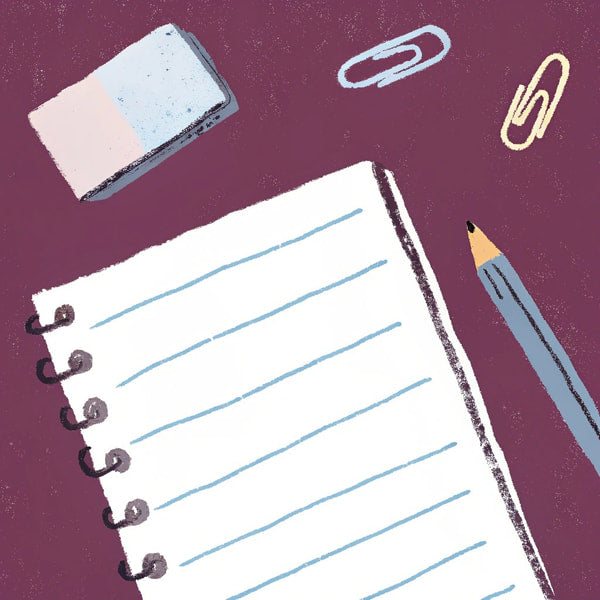 A Notebook Is Placed On A Desk Accompanied By A Pen And A Pair Of Scissors — Stock Illustration