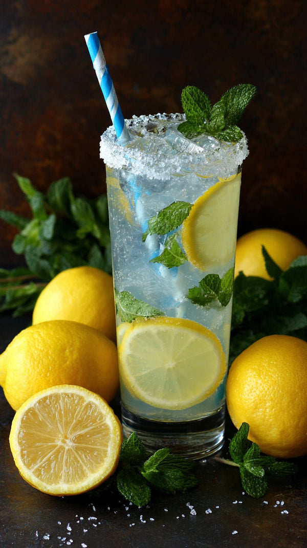 A Refreshing Glass Of Lemonade Garnished With Fresh Mint Leaves And Slices Of Lemon Is Prominently Displayed On A Table — Stock Photo