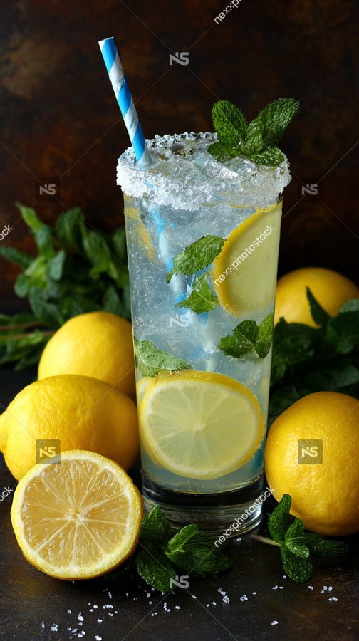 A Refreshing Glass Of Lemonade Garnished With Fresh Mint Leaves And Slices Of Lemon Is Prominently Displayed On A Table — Stock Photo