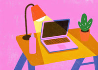 A Pink Desk With A Laptop Computer On It Placed In Front Of A Cactus Plant And A Lamp — Stock Illustration