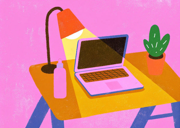 A Pink Desk With A Laptop Computer On It Placed In Front Of A Cactus Plant And A Lamp — Stock Illustration