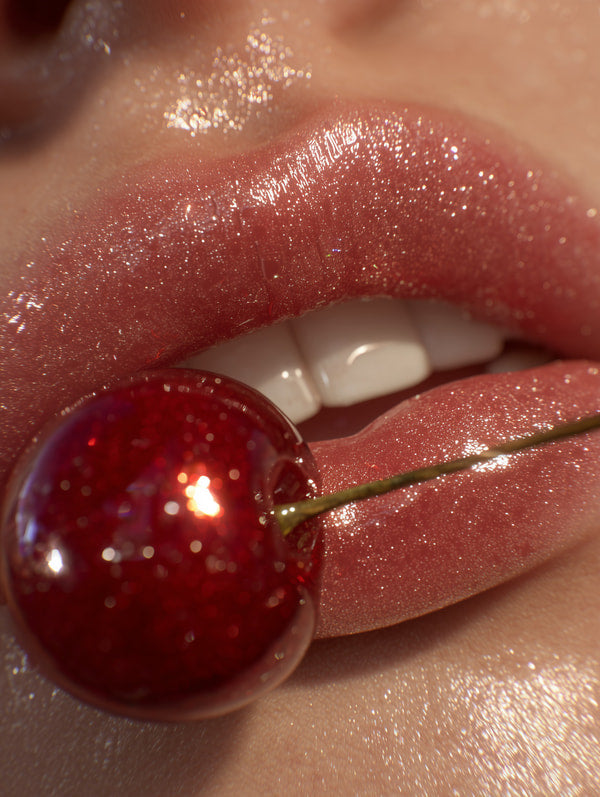 Close Up Of A Person S Lips With Cherry Lipstick And A Stemmed Cherry In Their Mouth — Stock Photo