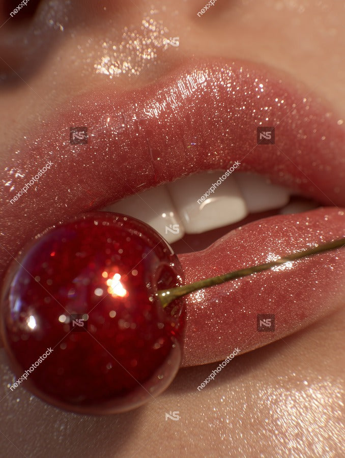 Close Up Of A Person S Lips With Cherry Lipstick And A Stemmed Cherry In Their Mouth — Stock Photo