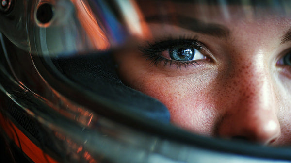 A Racing Helmet Reflecting A Driver S Eye Showcasing The Intensity And Focus Of Motorsport — Stock Photo