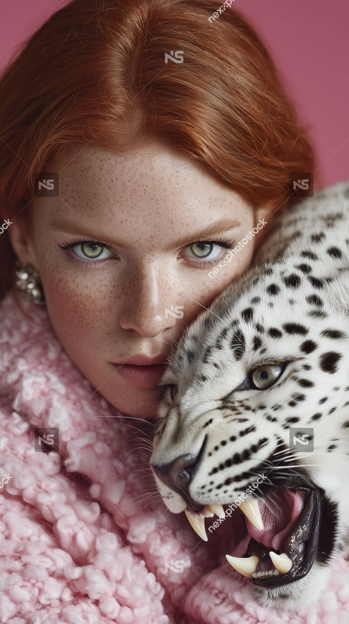 Woman With Red Hair Holding A Tiger — Stock Photo