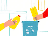 Illustration Of Two People Pouring Liquid From Bottles Into A Trash Can Set Against A Kitchen Backdrop — Stock Illustration