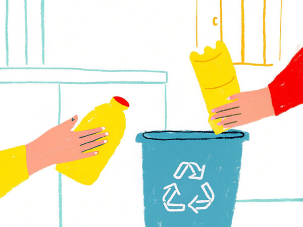 Illustration Of Two People Pouring Liquid From Bottles Into A Trash Can Set Against A Kitchen Backdrop — Stock Illustration
