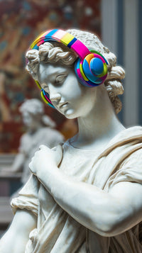 Features A Classical Sculpture Of A Person S Head And Shoulders Adorned With A Pair Of Colorful Headphones — Stock Photo