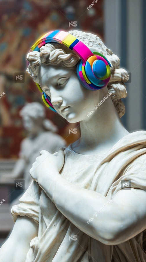 Features A Classical Sculpture Of A Person S Head And Shoulders Adorned With A Pair Of Colorful Headphones — Stock Photo