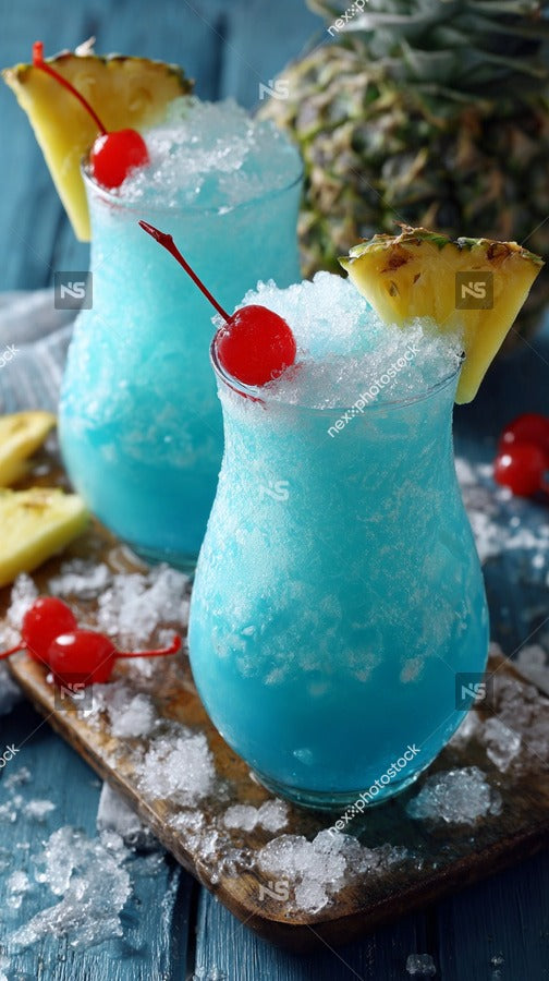 Blue Cocktails On A Wooden Tray With Pineapple Slices And Cherries In The Background — Stock Photo