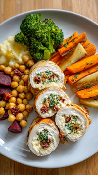 A Plate Of Food Chicken Breast With Stuffing Roasted Vegetables Including Carrots And Broccoli Mashed Potatoes And A Side Of Salad — Stock Photo