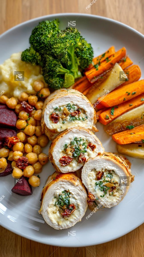 A Plate Of Food Chicken Breast With Stuffing Roasted Vegetables Including Carrots And Broccoli Mashed Potatoes And A Side Of Salad — Stock Photo