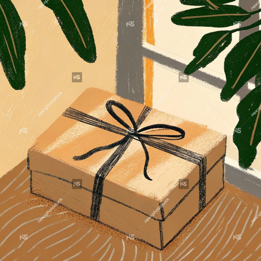 A Gift Box With A Ribbon Placed On A Table Near A Window — Stock Illustration