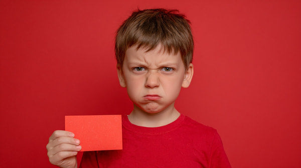 A Young Boy Holding A Red Card In Front Of Him Against A Red Background — Stock Photo