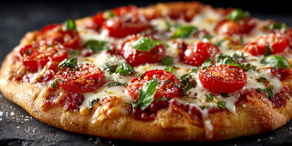 A Cheese Pizza Topped With Tomatoes And Basil Ready To Be Served — Stock Photo
