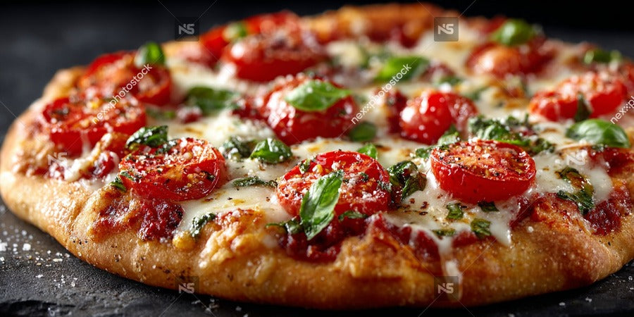 A Cheese Pizza Topped With Tomatoes And Basil Ready To Be Served — Stock Photo