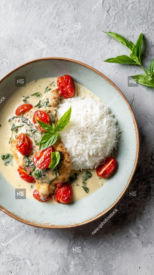 A Plate Of Chicken With Tomatoes And Rice Served With A Creamy Sauce Garnished With Fresh Herbs — Stock Photo