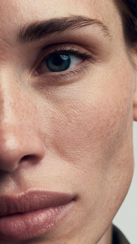 A Close Up Portrait Of A Woman With Striking Blue Eyes Showcasing Her Facial Features And Expression — Stock Photo