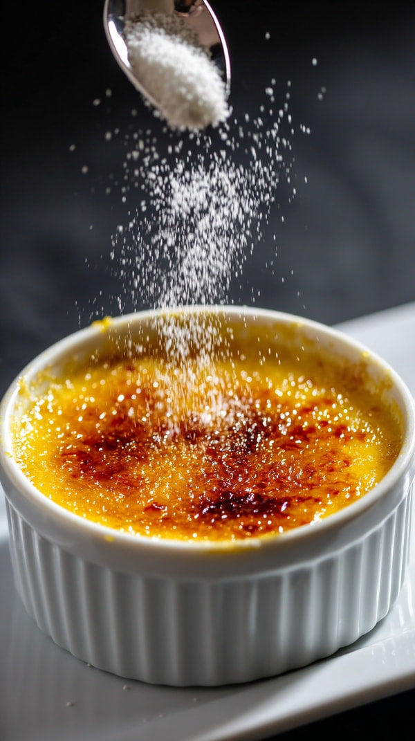 A Close Up Image Of A Flan Brulee Being Dusted With Salted Caramel Powder Captured From An Overhead Perspective — Stock Photo