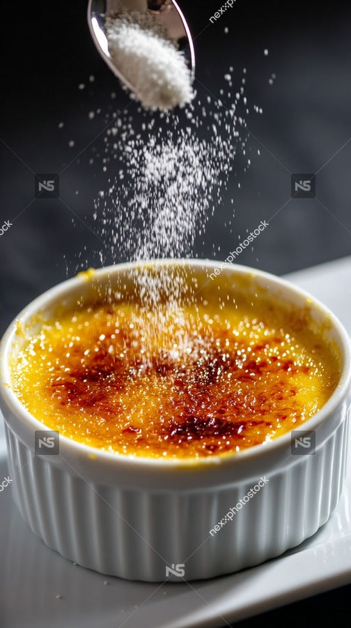A Close Up Image Of A Flan Brulee Being Dusted With Salted Caramel Powder Captured From An Overhead Perspective — Stock Photo
