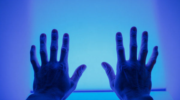 Human Hands With Fingers Spread Out Against A Blue Light Background — Stock Photo