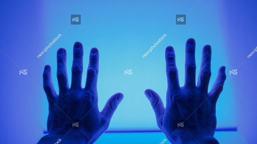 Human Hands With Fingers Spread Out Against A Blue Light Background — Stock Photo