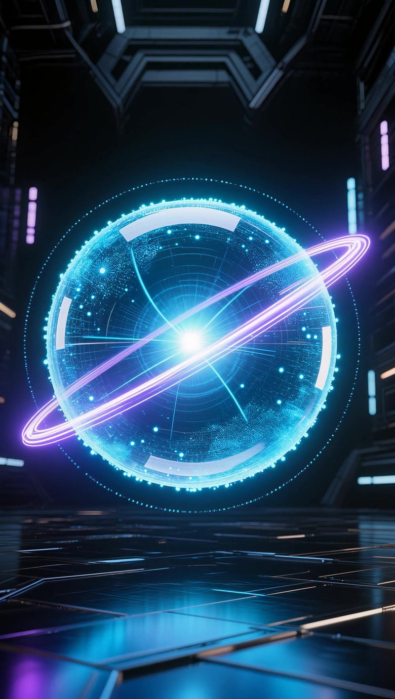 3d digital artwork of a neon blue and purple cosmic sphere in the center of a futuristic space station - Stock Video