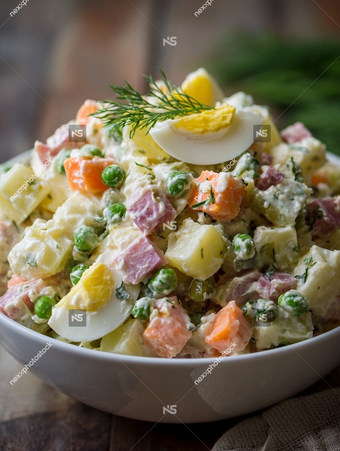 A Bowl Of Creamy Potato Salad Topped With Carrots And Eggs Garnished With A Sprig Of Dill — Stock Photo